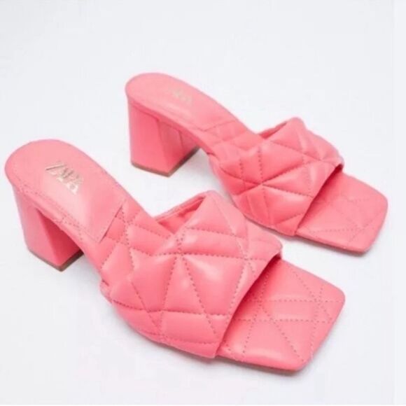 NWT Zara New Bright Pink Quilted Heeled Squared Toe Mules Shoes Sandals size 6 - Picture 2 of 13